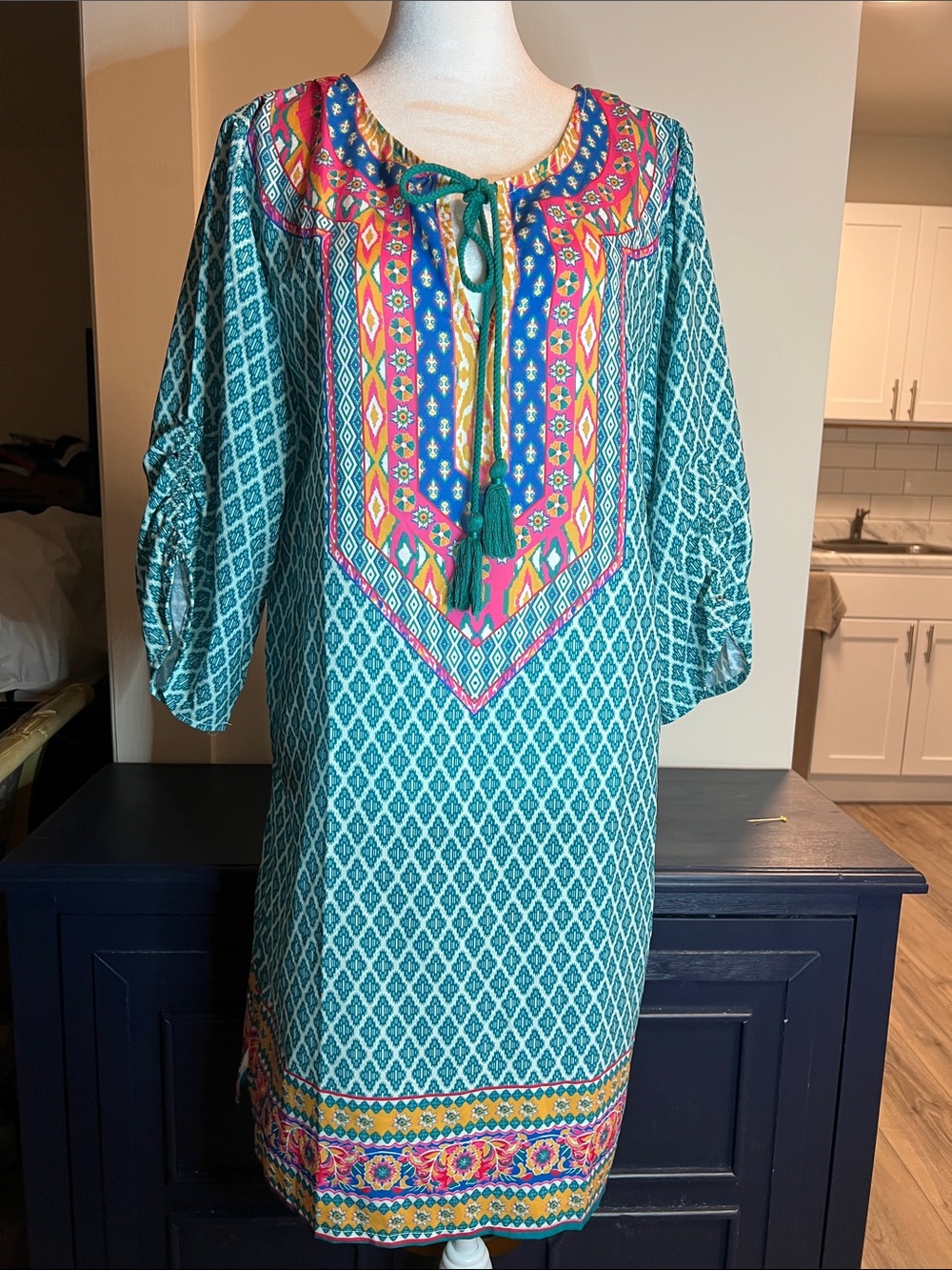 Teal Patterned Midi Beach Dress with Colorful Embroidered Yoke Size M